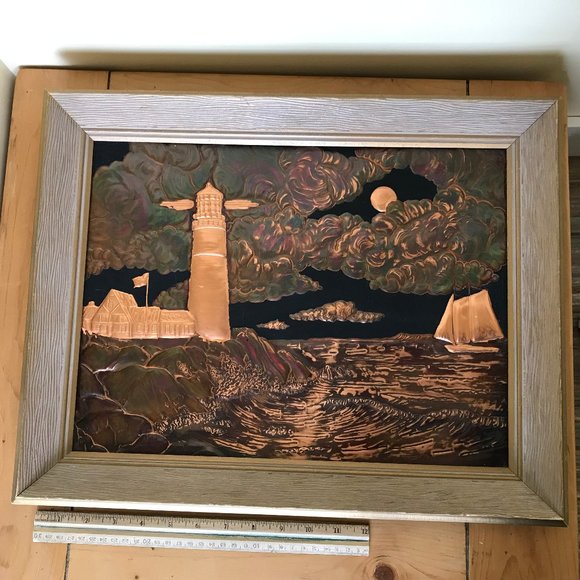 Lighthouse Nautical Ocean Scene Embossed Copper Framed Picture Repousse 15x19 - Picture 3 of 5